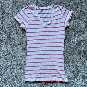 Small form fitting T-shirt with cream/pink stripes